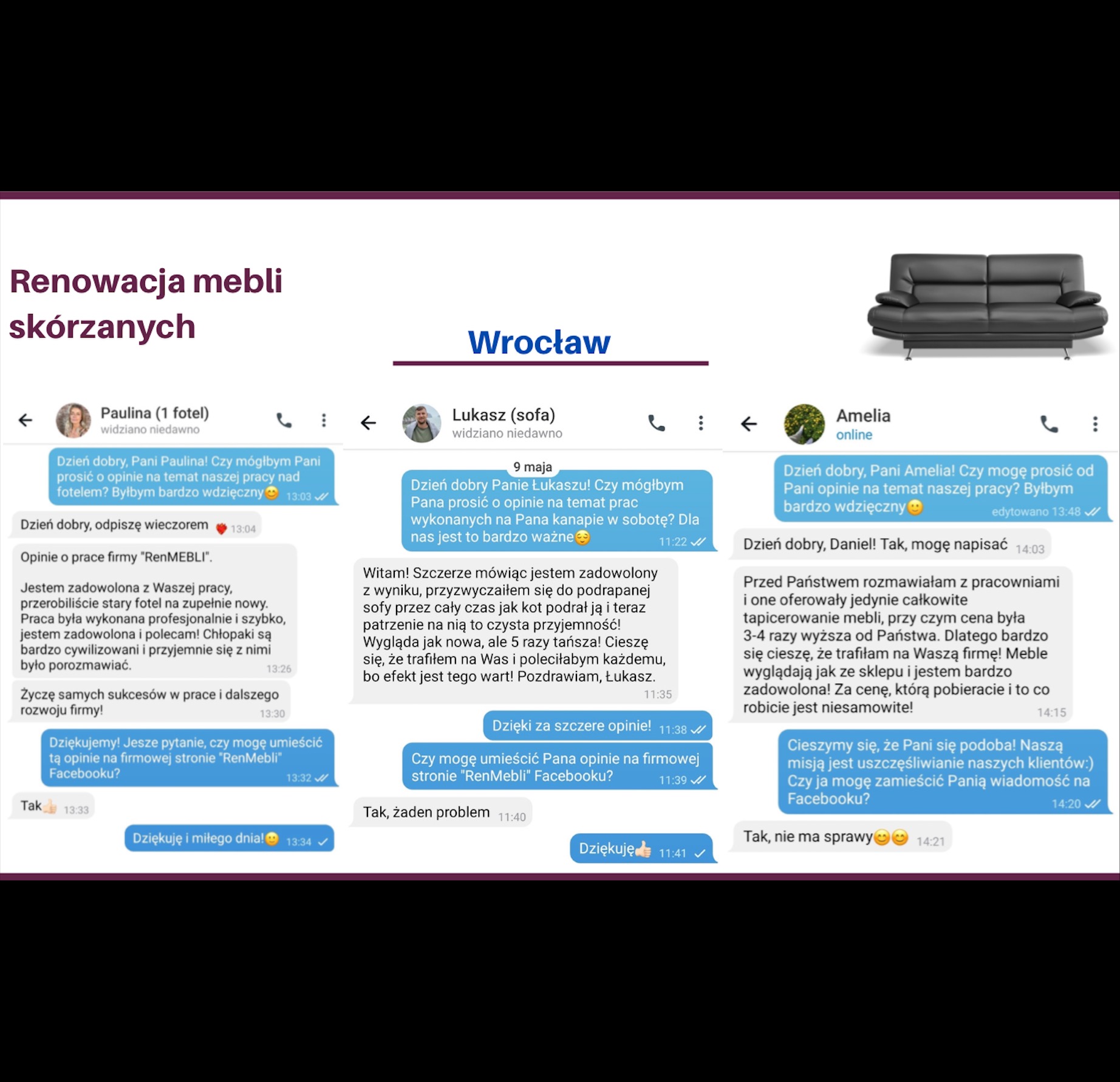 Zrzut ekranu konwersacji zadowolonych klientów na temat renowacji mebli skórzanych, widoczne opinie o odnowionym fotelu i kanapie.