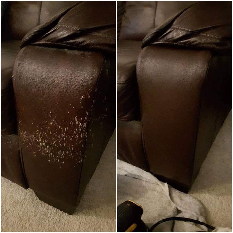 Porównanie stanu brązowego skórzanego fotela przed i po renowacji: zniszczona powierzchnia z widocznymi rysami i ubytkami skóry po lewej, odnowiona i gładka powierzchnia po prawej stronie.