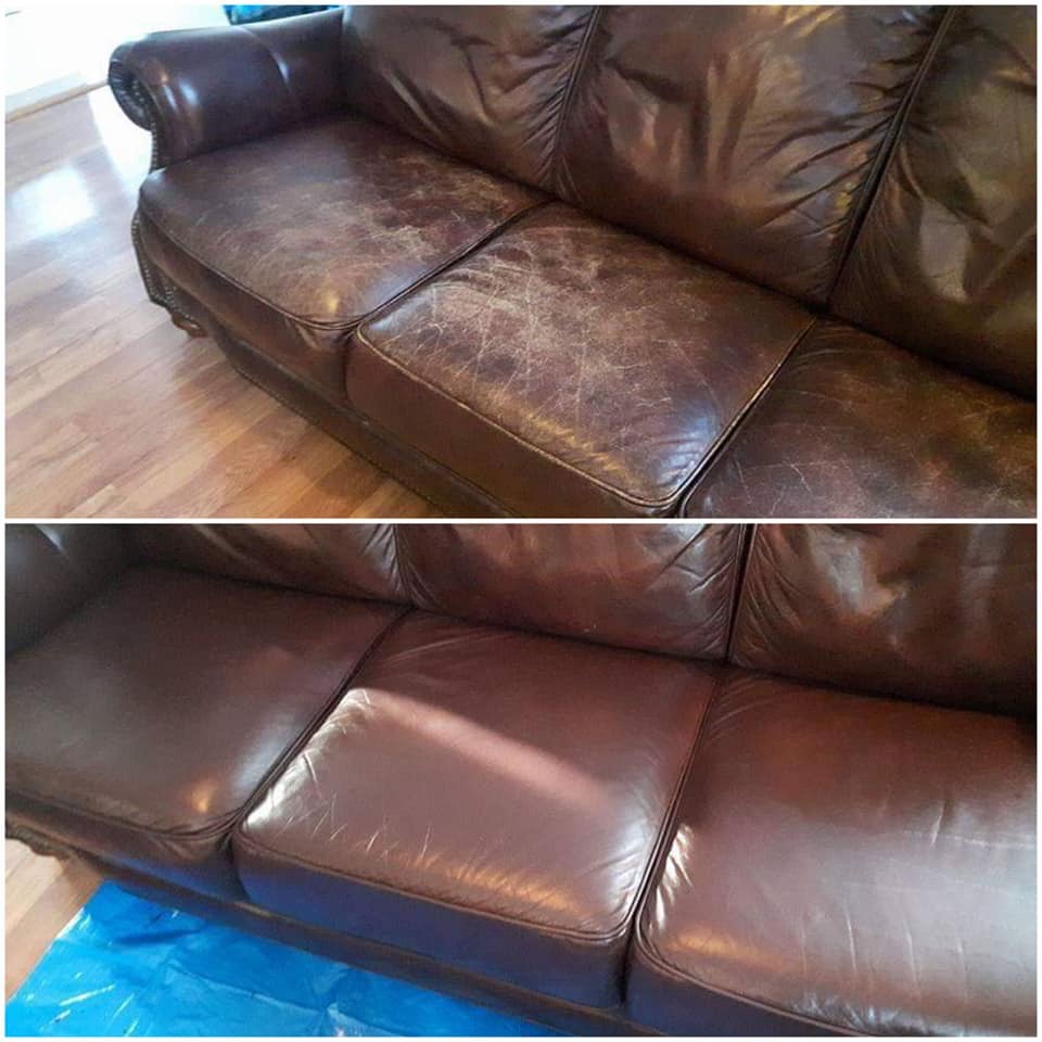 Renowacja skórzanej sofy: widok przed i po odświeżeniu tapicerki, ukazujący wyraźną różnicę w wyglądzie i kondycji skóry.