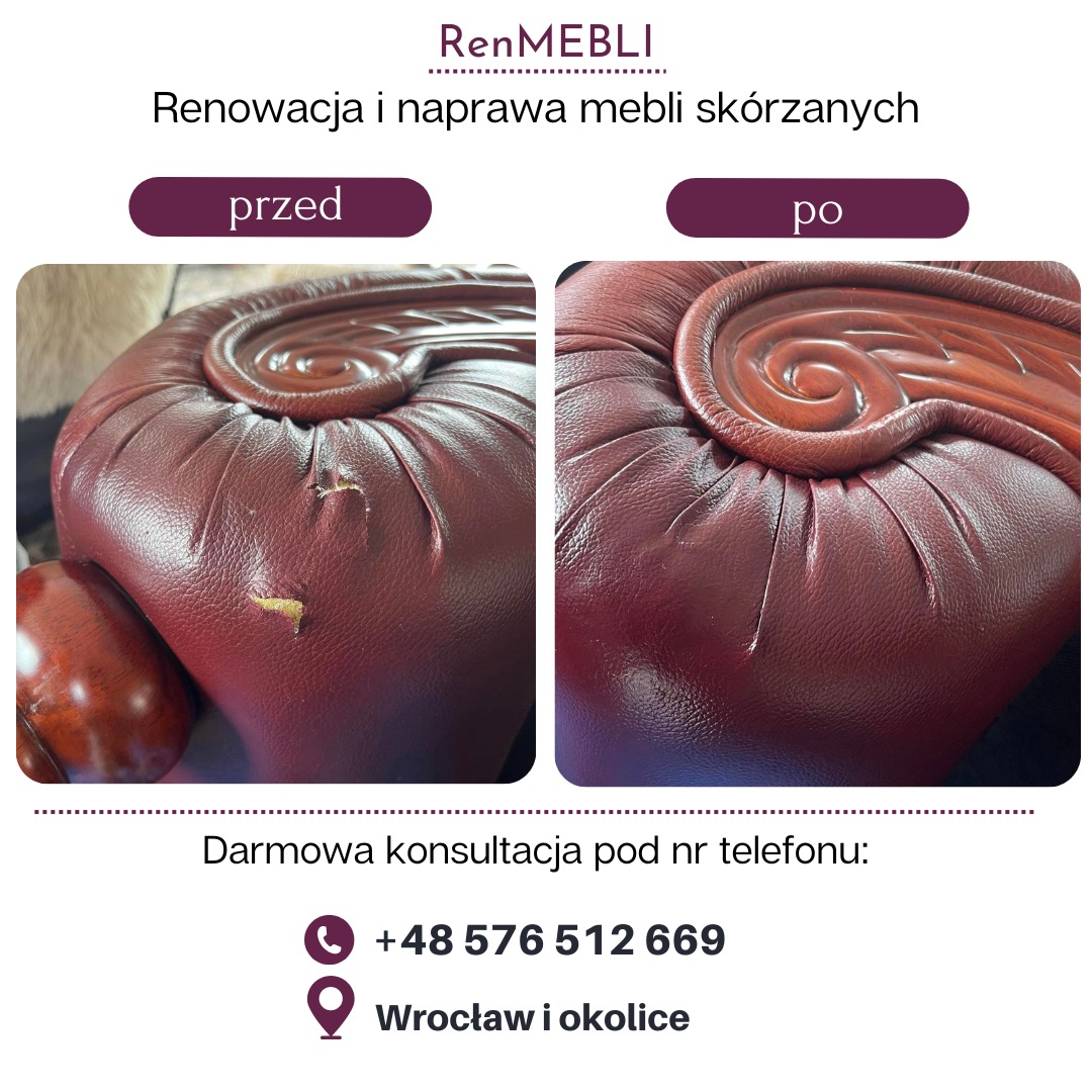Renowacja skórzanego siedziska fotela: widoczne uszkodzenie skóry przed naprawą i efekt po renowacji, z zachowaniem oryginalnego wzoru i koloru.