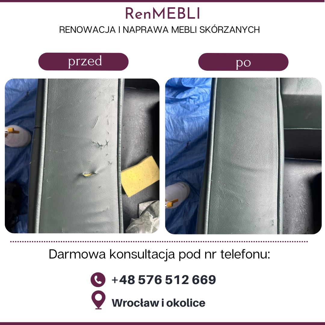 Porównanie stanu fotela skórzanego przed i po renowacji, widoczne uszkodzenia i efekt naprawy, z uwzględnieniem koloru i faktury materiału.
