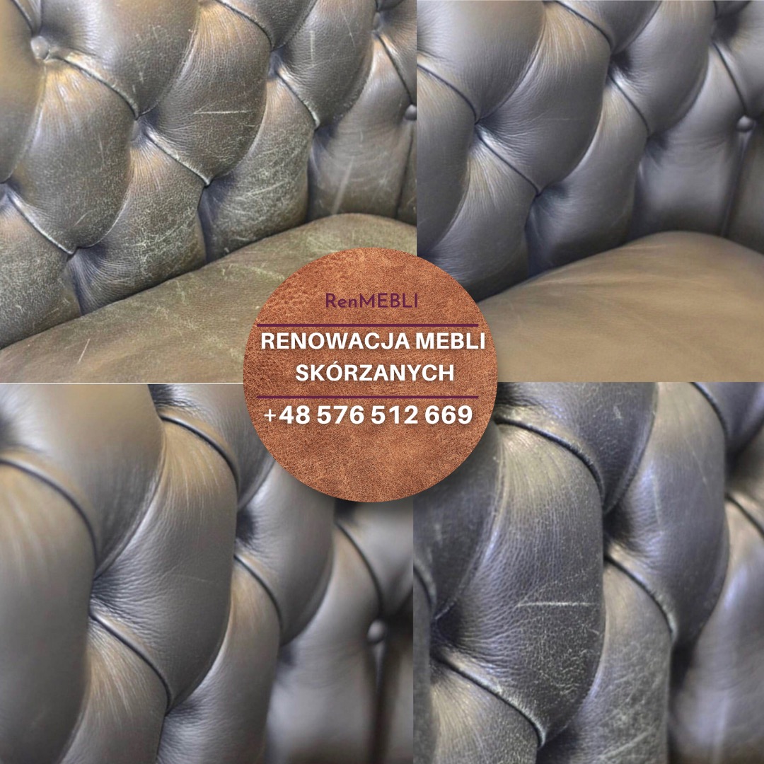 Kolaż przedstawiający fragment skórzanego fotela typu Chesterfield przed i po renowacji, z widocznymi śladami użytkowania i naprawionymi obszarami. Na środku okrągłe logo firmy RenMEBLI z napisem...