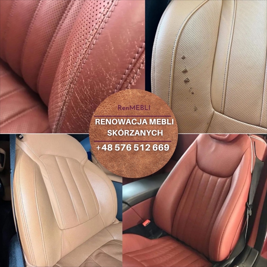 Kolaż czterech zdjęć skórzanych foteli samochodowych: uszkodzona, popękana skóra w kolorze brązowym; jasna skóra z plamami; odnowiony fotel w kolorze beżowym i odnowiony fotel w kolorze czerwonym.