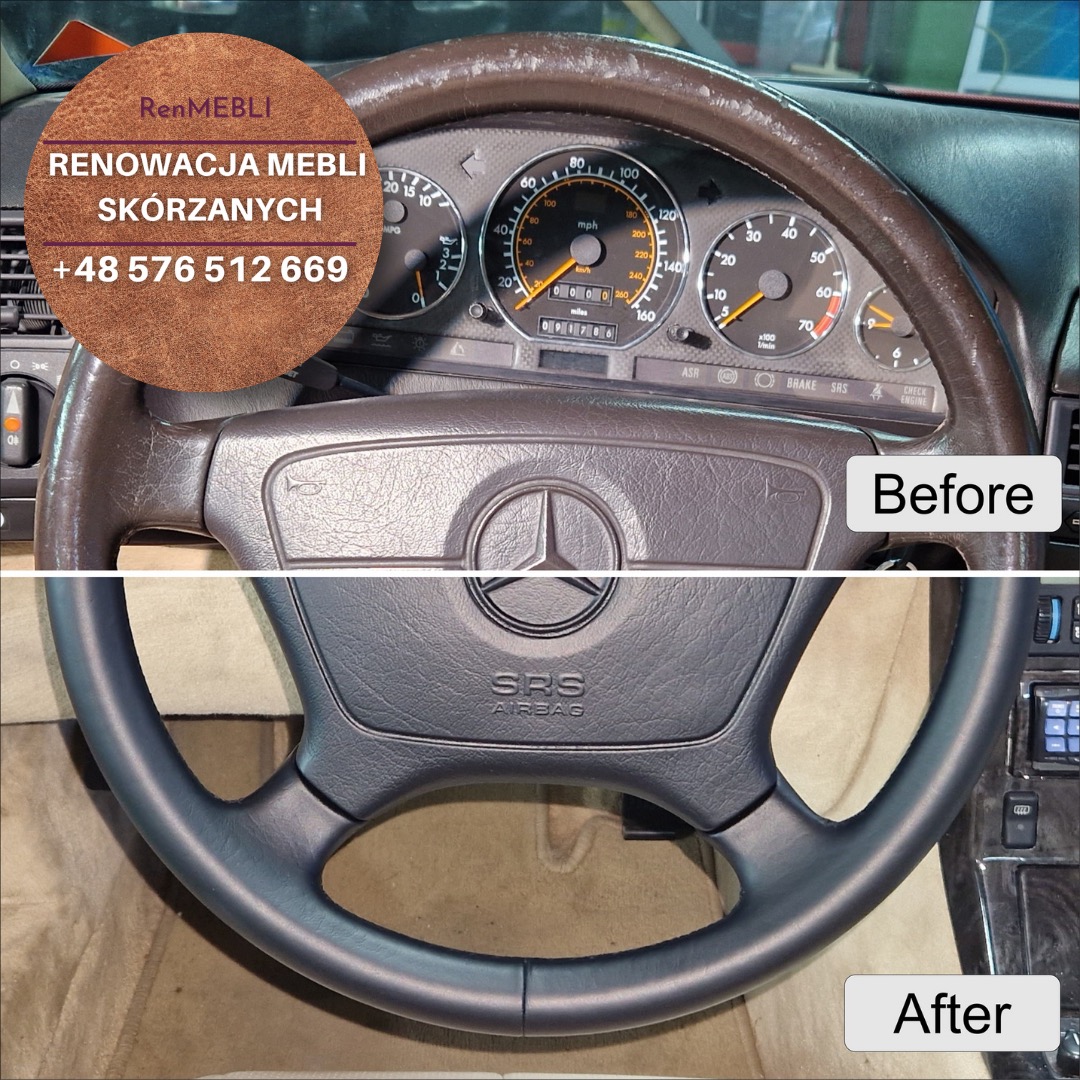 Renowacja skórzanej kierownicy samochodowej: porównanie stanu przed i po naprawie. Górna część kierownicy jest zniszczona, z widocznymi pęknięciami i przebarwieniami. Dolna część kierownicy po...