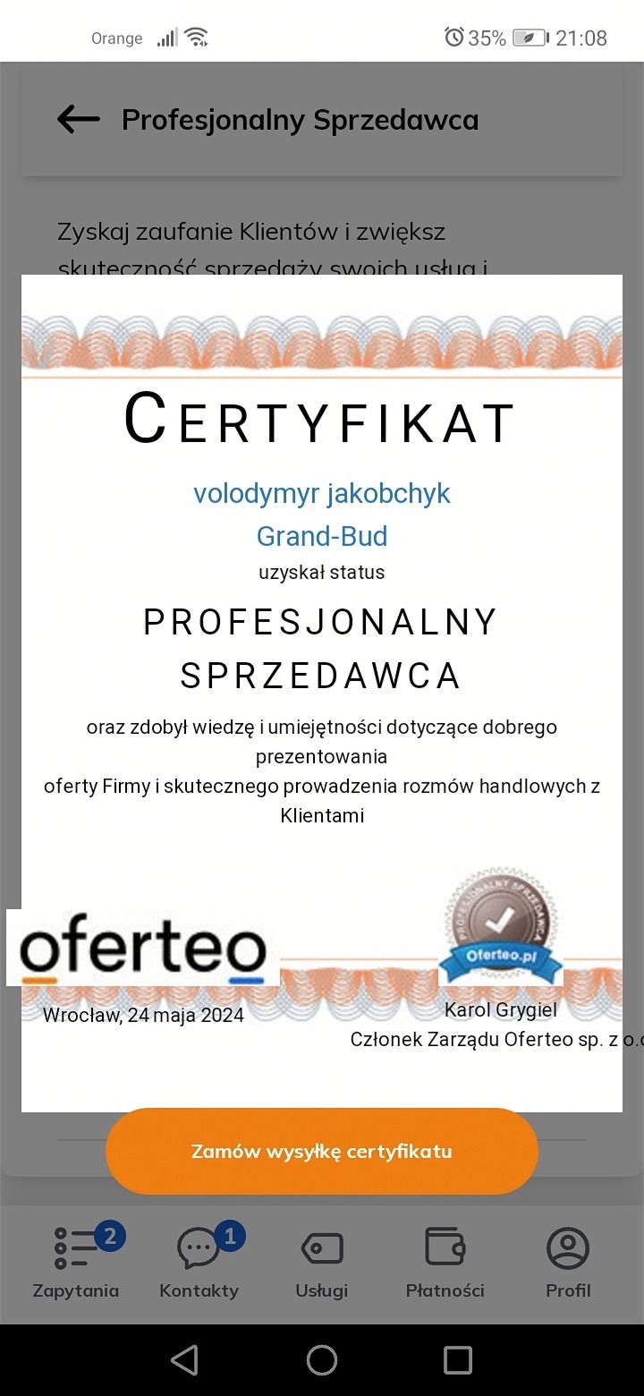Certyfikat Profesjonalnego Sprzedawcy Oferteo dla volodymyra jakobchyka z Grand-Bud, potwierdzający wiedzę i umiejętności w prezentowaniu oferty firmy i prowadzeniu rozmów handlowych z klientami...