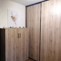 Stol-Lux - Szafa przesuwna z frontami w kolorze jasnego drewna z czarnymi obramowaniami, obok szafka z ozdobami i obrazkiem kolibra.