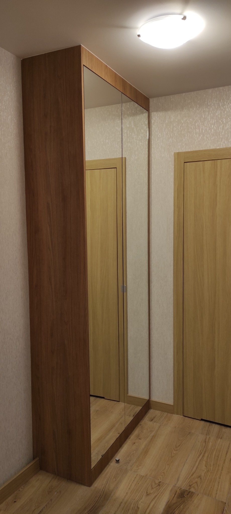 Wysoka szafa z lustrzanymi drzwiami w przedpokoju, widoczne dwie drewniane drzwi, jasna podłoga i sufit z okrągłą lampą.