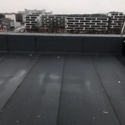 Widok z góry na płaski dach pokryty czarną papą termozgrzewalną, z widocznymi łączeniami i fragmentami uschniętych liści, w tle zabudowa miejska i pochmurne niebo.