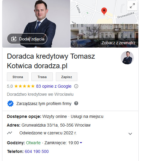 Profil firmy doradztwa kredytowego Tomasza Kotwicy w Google Maps z adresem, numerem telefonu i ocenami klientów.