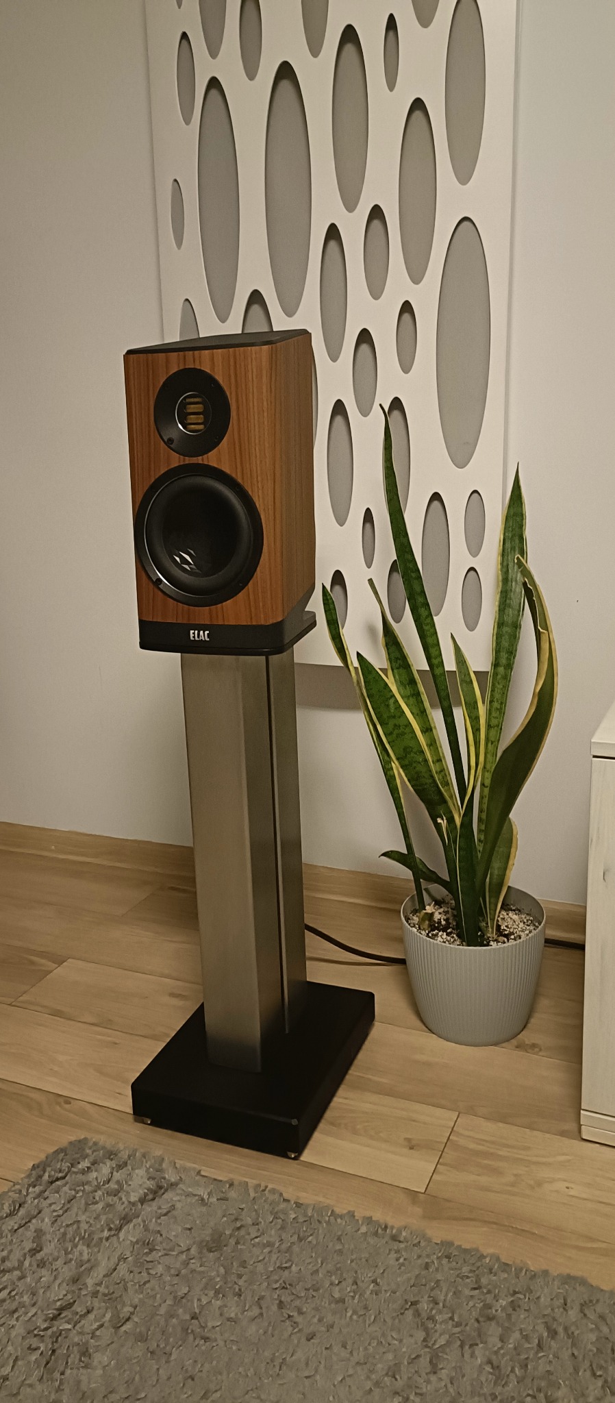 Głośnik ELAC z drewnianą obudową, stojący na metalowym statywie, obok doniczki z sansewierią i dekoracyjnej, ażurowej ścianki.