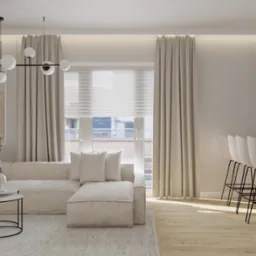 Jasne, minimalistyczne wnętrze mieszkania z sofą modułową, okrągłymi stolikami kawowymi, oświetleniem punktowym i krzesłami barowymi przy wyspie kuchennej.