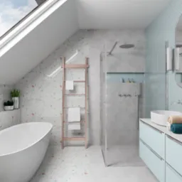 Jasna łazienka na poddaszu z wanną, prysznicem typu walk-in i dwiema umywalkami na szafce w pastelowym błękicie, dekorowana mozaiką w kształcie rybiej łuski i terazzo.