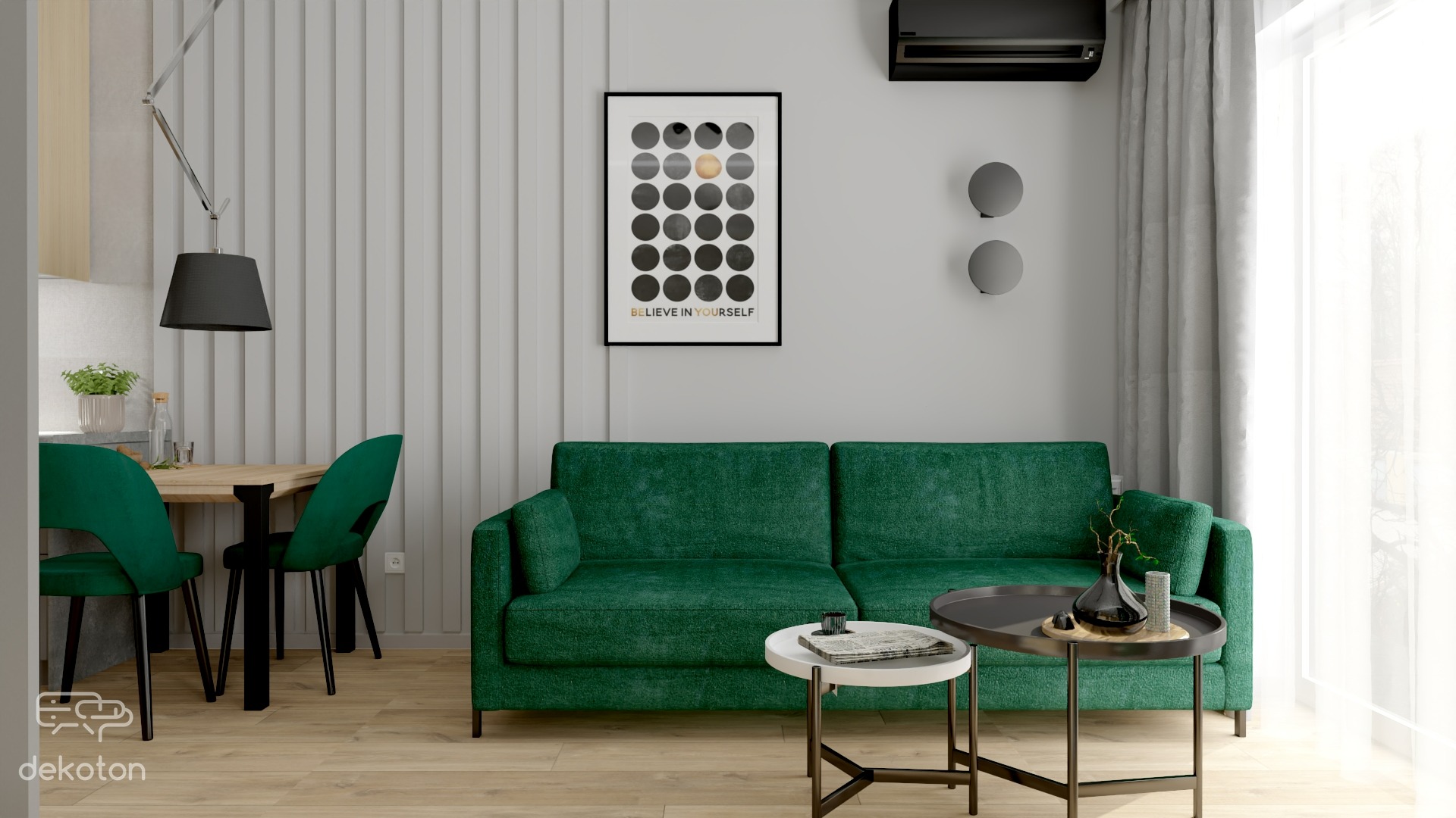 Wnętrze salonu z zieloną sofą, stolikami kawowymi, plakatem z napisem 'Believe in yourself' i ścianą z pionowymi panelami dekoracyjnymi.