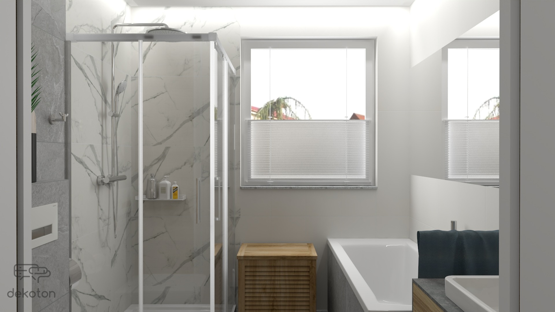 Nowoczesna łazienka z kabiną prysznicową wykończoną marmurkowym wzorem, drewnianą skrzynią na drobiazgi i oknem z plisowanymi roletami.