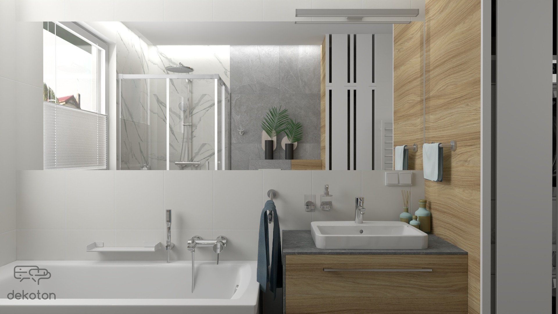 Wizualizacja nowoczesnej łazienki w Rzeszowie z wanną, umywalką na drewnianej szafce i kabiną prysznicową z marmurowym wykończeniem, odbijająca się w lustrze.