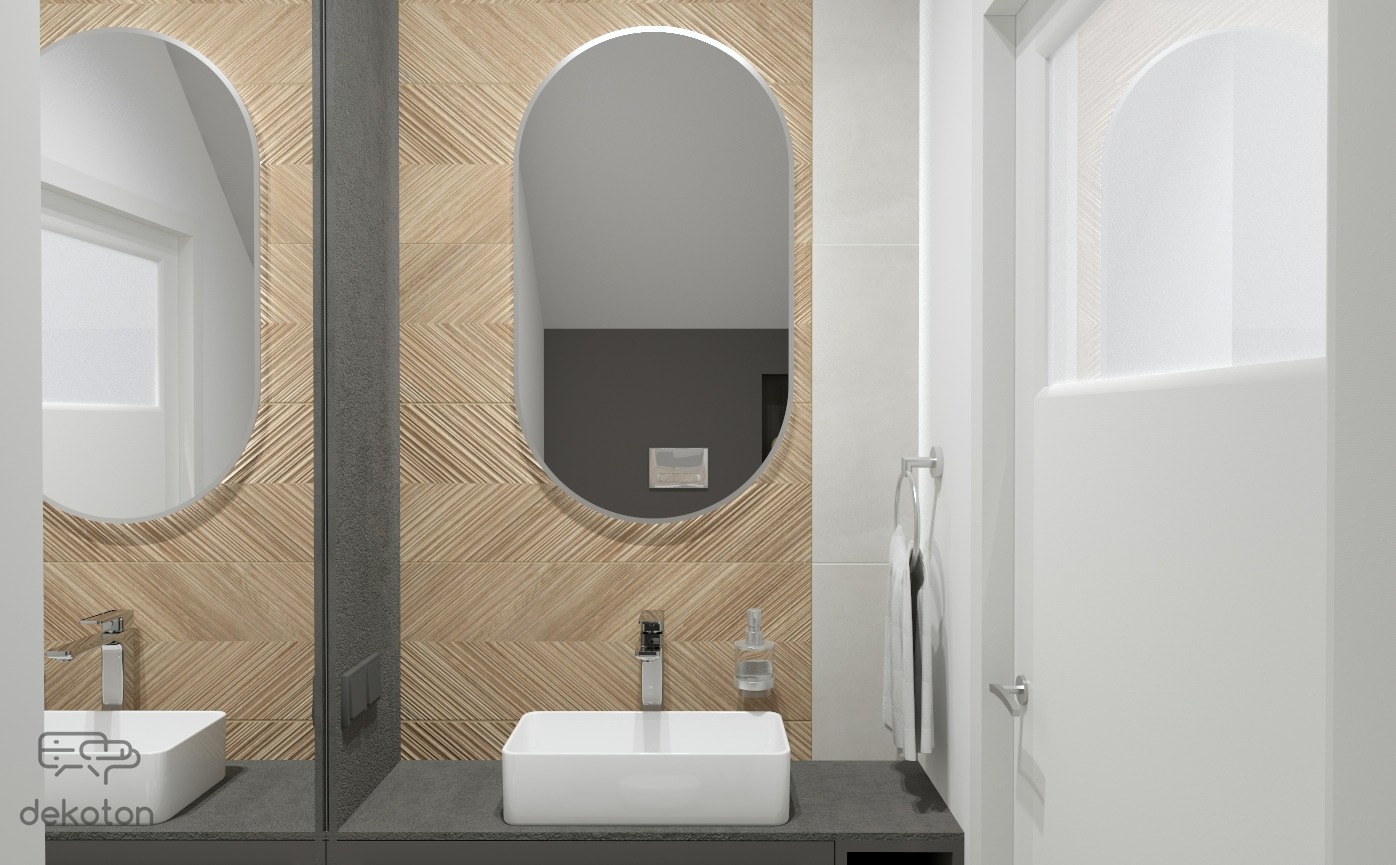 Wizualizacja łazienki z dwoma owalnymi lustrami na tle ściany wyłożonej drewnopodobnymi płytkami ułożonymi w jodełkę, biała umywalka i minimalistyczna armatura.