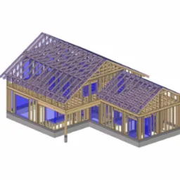 Wizualizacja 3D domu szkieletowego w trakcie budowy, ukazująca drewnianą konstrukcję ścian, dachu i okien, z fundamentami w kolorze szarym, na białym tle.