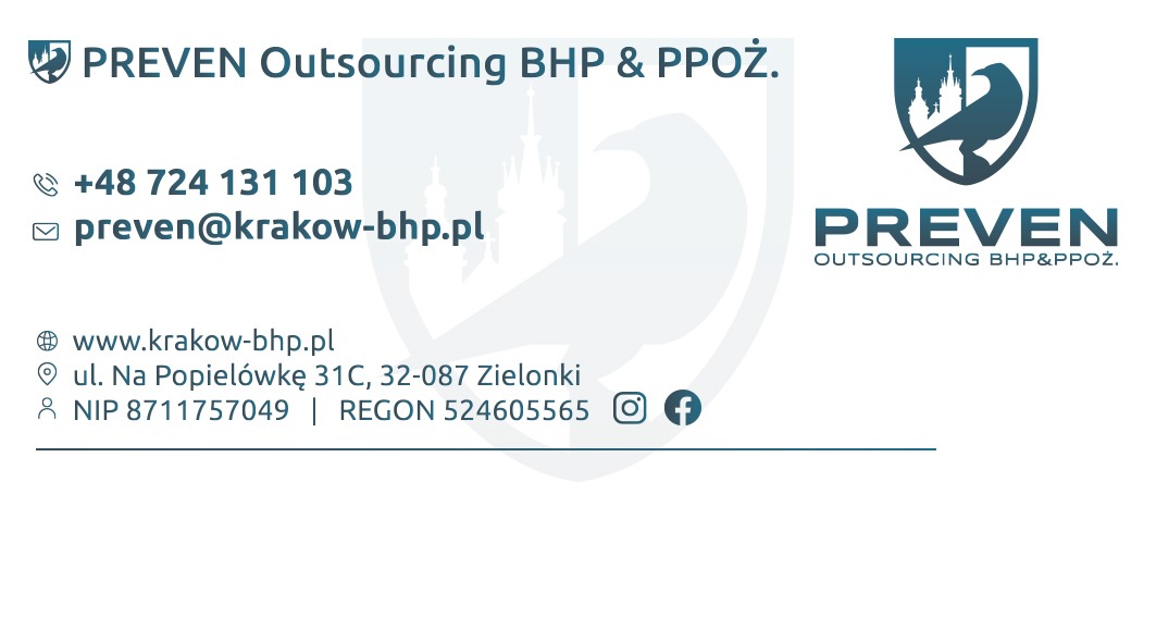 Grafika prezentująca logo firmy PREVEN Outsourcing z branży usług związanych z bezpieczeństwem i higieną pracy oraz ochroną przeciwpożarową, zawierające stylizowany herb z sylwetką ptaka na tle...