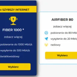 Porównanie ofert dostępu do Internetu: Fiber 1000 z trofeum i AirFiber 80, z informacjami o prędkości pobierania i wysyłania danych oraz typie połączenia.
