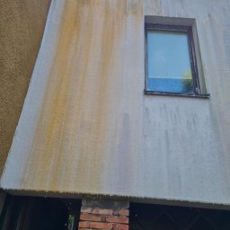 Pro Clean Cezary Woźniak - Boczny widok na elewację budynku z widocznymi zaciekami i zabrudzeniami, okno z ciemną ramą, fragment muru z cegły. Widoczne ślady po myciu.