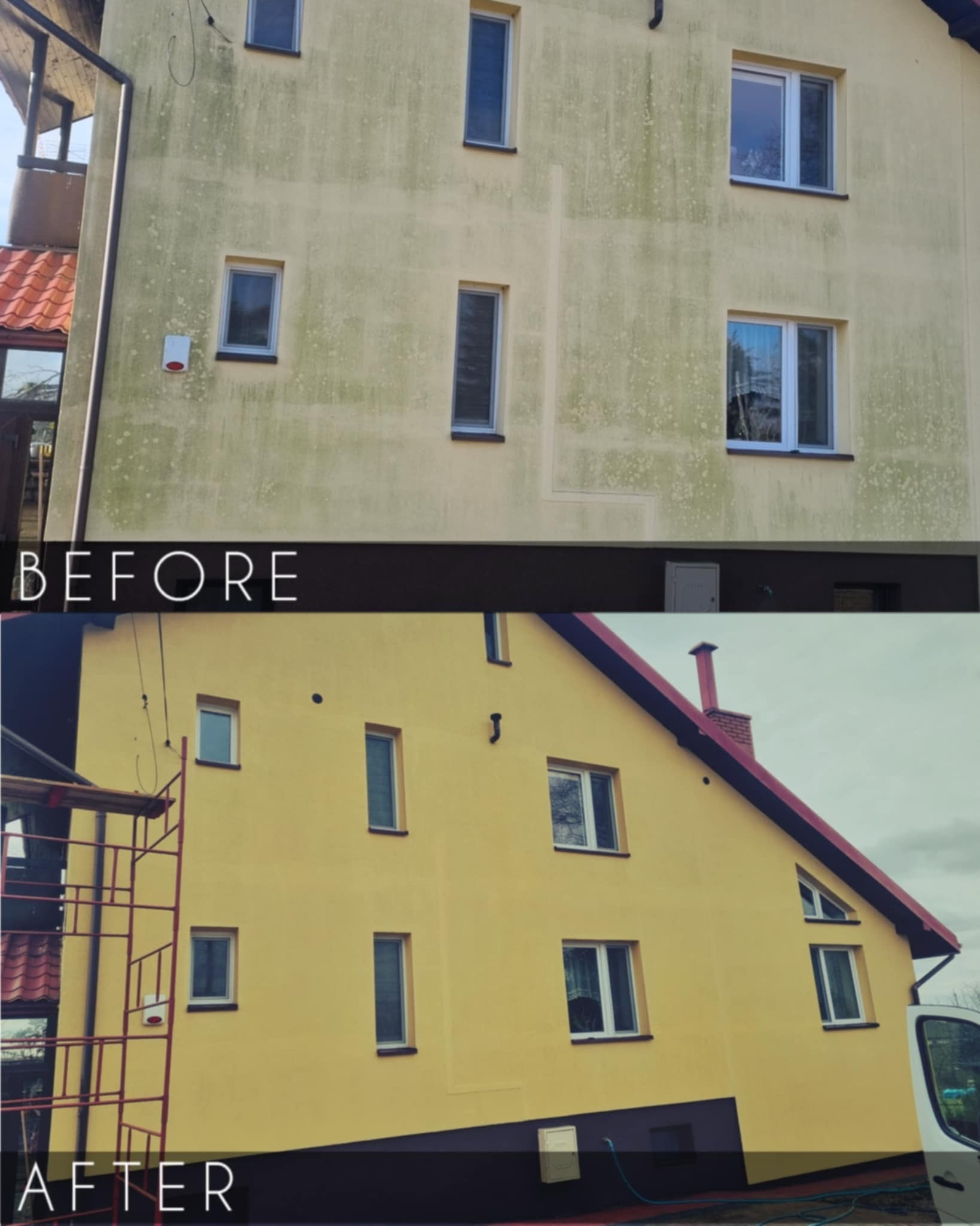 Zdjęcie 'przed i po' prezentujące budynek: górna część z zabrudzoną elewacją, dolna po malowaniu na żółto z pomalowaną na brązowo dolną partią. Widoczne rusztowanie.