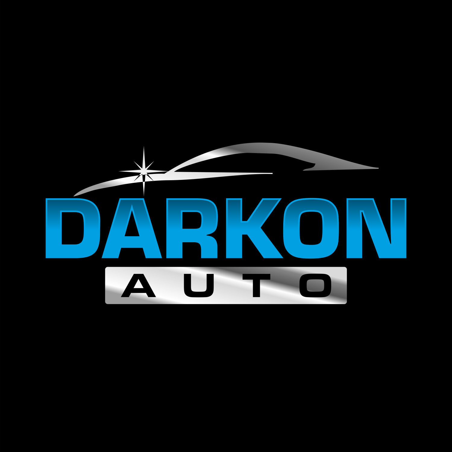 Logo firmy Darkon Auto z sylwetką samochodu i błyszczącą gwiazdą na czarnym tle.
