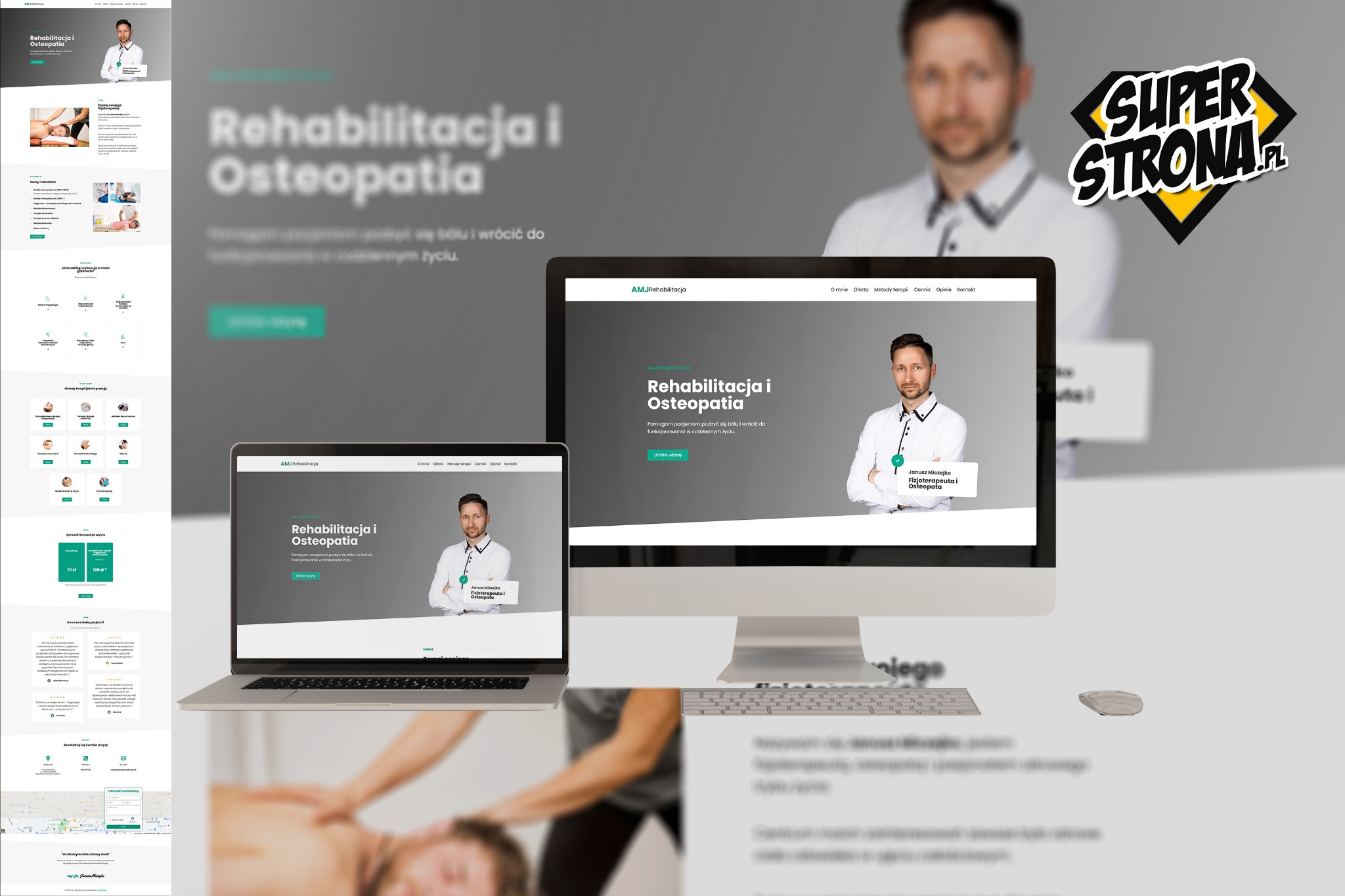Prezentacja strony internetowej fizjoterapeuty AMJ Rehabilitacja na ekranie laptopa i monitora, z widocznym fragmentem strony na trzecim planie oraz logotypem 'SuperStrona.pl' w prawym górnym rogu.