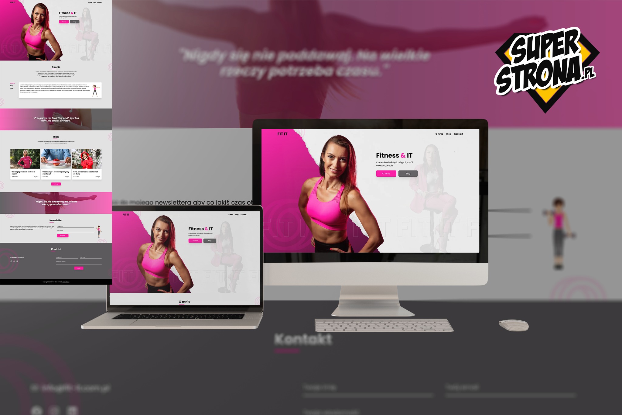 Prezentacja responsywnej strony internetowej dla branży fitness na monitorze i laptopie, z widocznym układem strony głównej i sekcji 'O mnie', utrzymana w tonacji różowo-białej, z elementami...