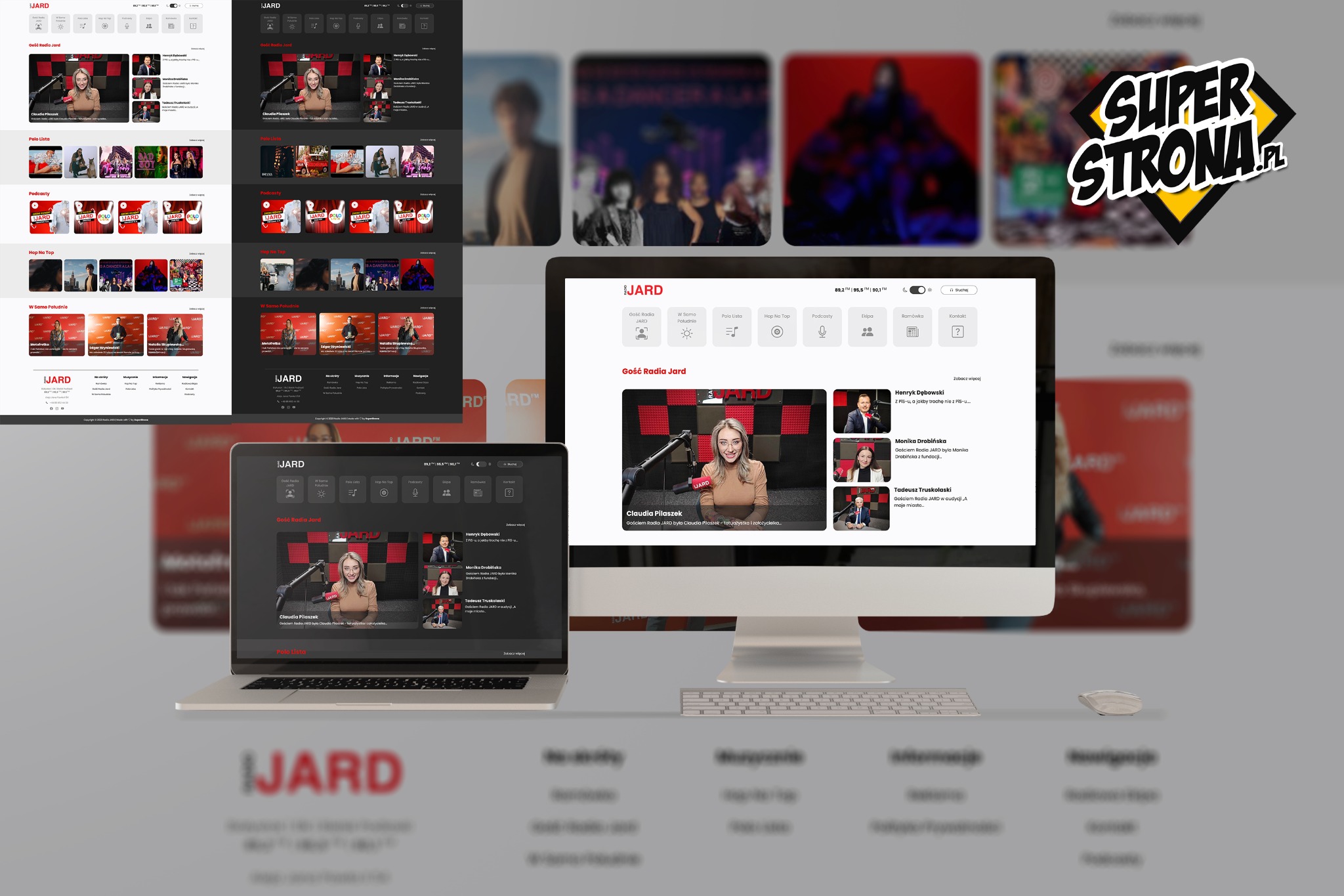 Prezentacja strony internetowej radia JARD na ekranie komputera stacjonarnego i laptopa, z widocznymi sekcjami 'Gość Radia Jard', 'Podcasty' oraz logo stacji, na szarym tle.