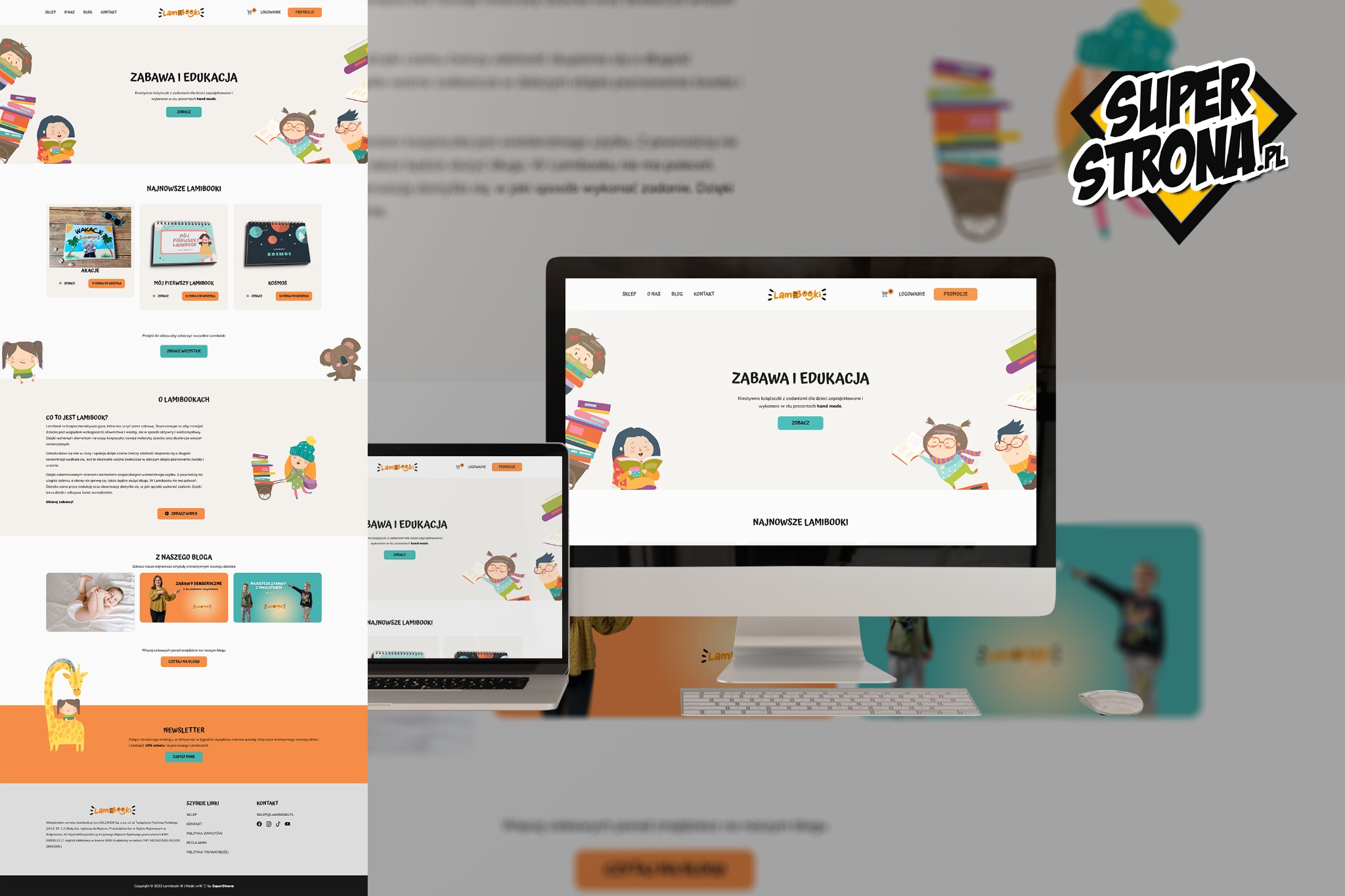 Prezentacja strony internetowej Lamibooki na ekranie komputera i tabletu, ukazująca ilustracje postaci dzieci z książkami i hasło 'Zabawa i Edukacja', obok laptop z widoczną częścią strony...