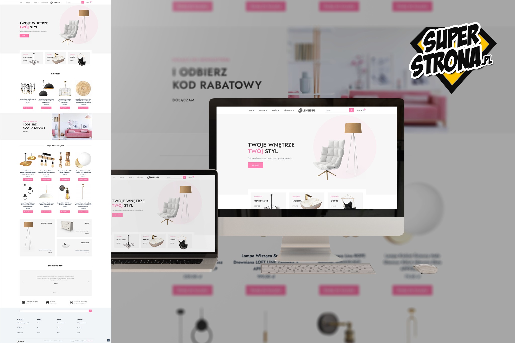 Ekrany laptopa i monitora wyświetlające stronę internetową sklepu z wyposażeniem wnętrz Lentis.pl, prezentujące fotel i lampę podłogową na jasnym tle.