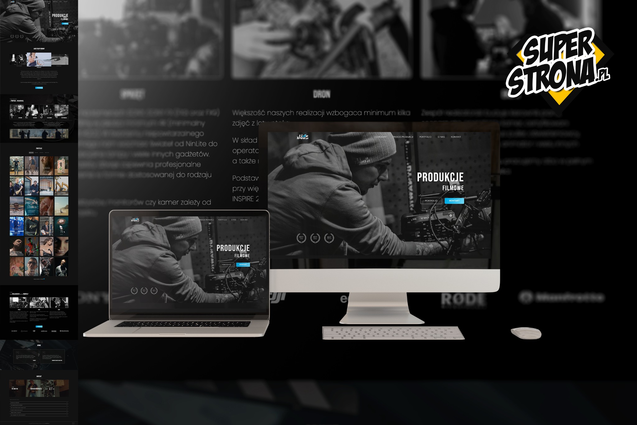 Ekran komputera iMac i laptopa prezentujące stronę internetową z portfolio filmowym, w czerni i bieli, z widocznym operatorem filmowym przy kamerze, klawiatura i mysz na czarnym tle.
