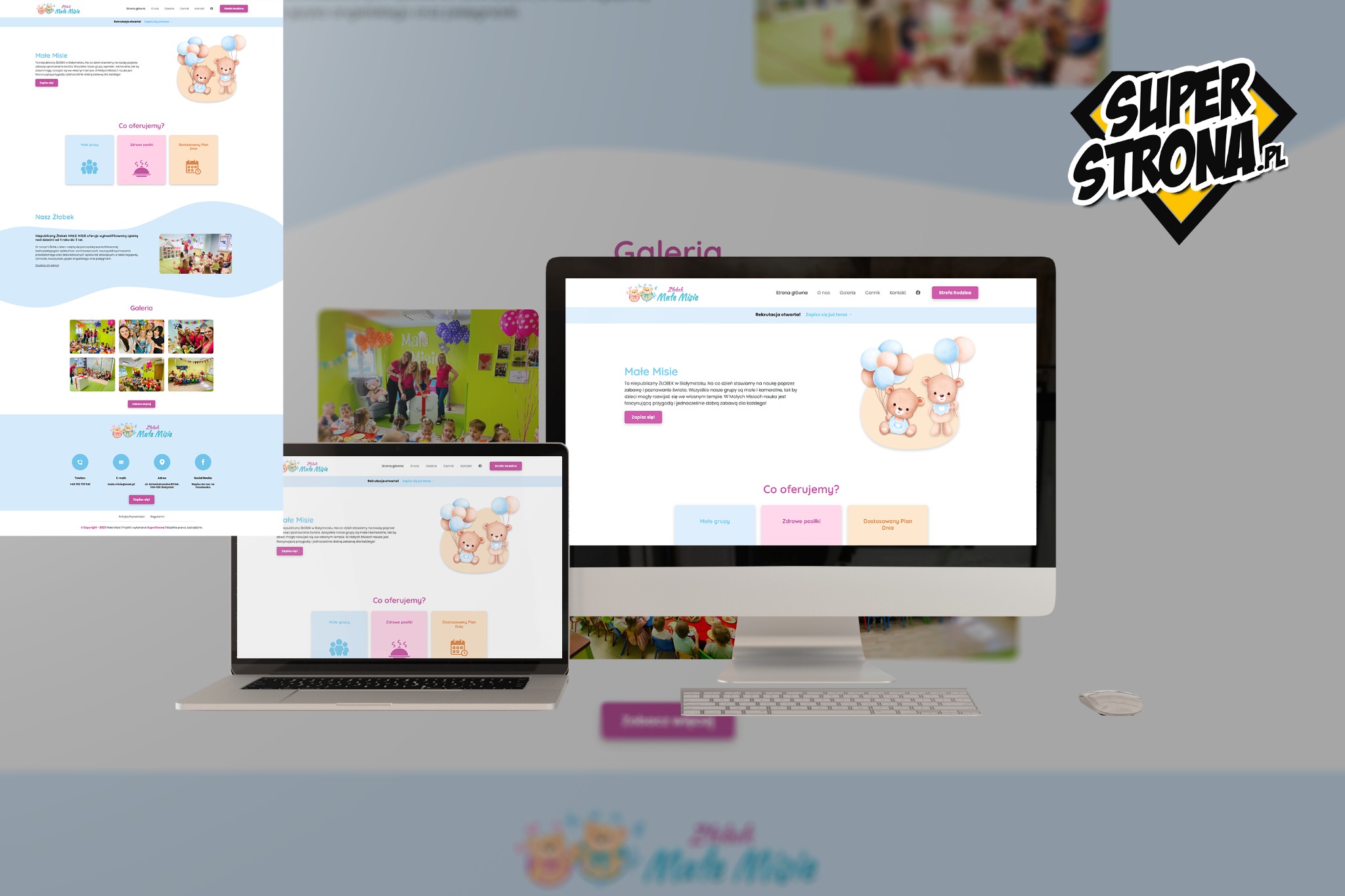 Prezentacja responsywnej strony internetowej żłobka 'Małe Misie' na ekranie komputera stacjonarnego i laptopa, z widocznym logotypem żłobka oraz elementami interfejsu użytkownika.