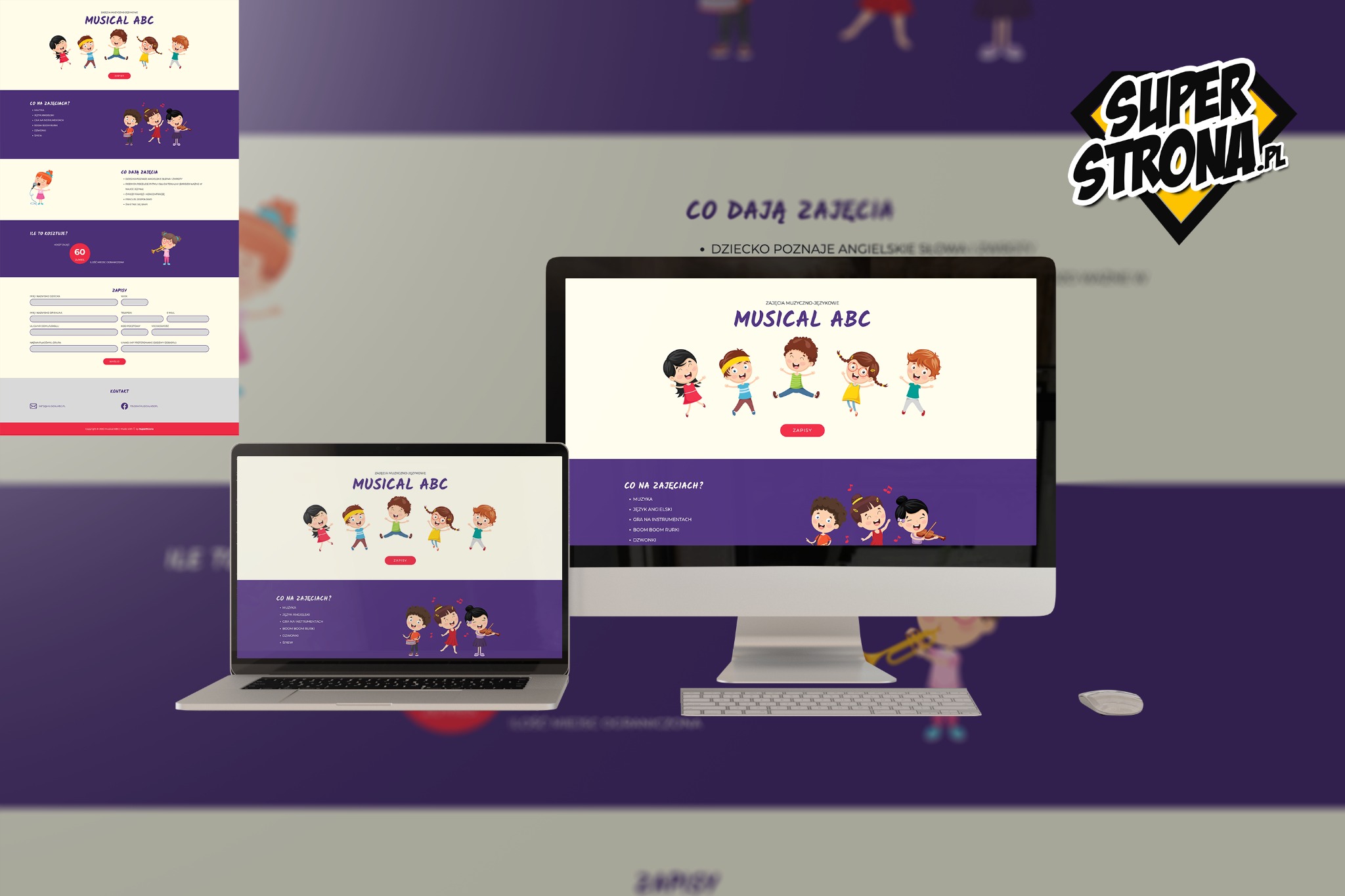 Prezentacja responsywnej strony internetowej Musical ABC na laptopie i monitorze, z ilustracjami dzieci i informacjami o zajęciach muzyczno-językowych, na tle fioletowej grafiki z elementami strony.