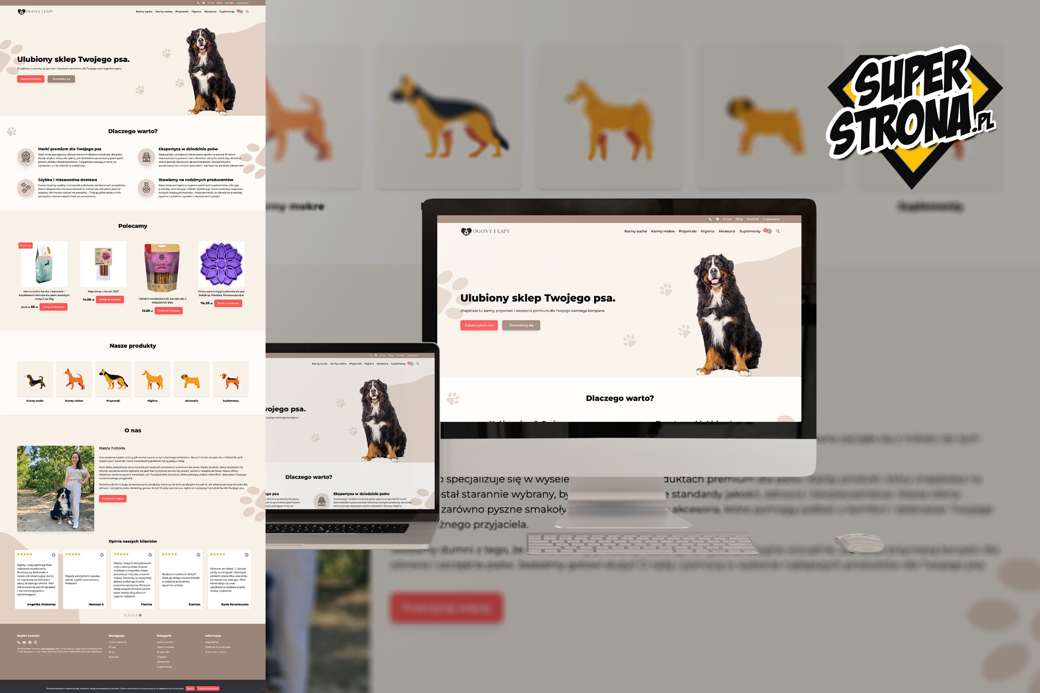 Prezentacja strony internetowej sklepu zoologicznego Ogony i Łapy na monitorze i laptopie, widoczny interfejs użytkownika z produktami dla psów i logo firmy.