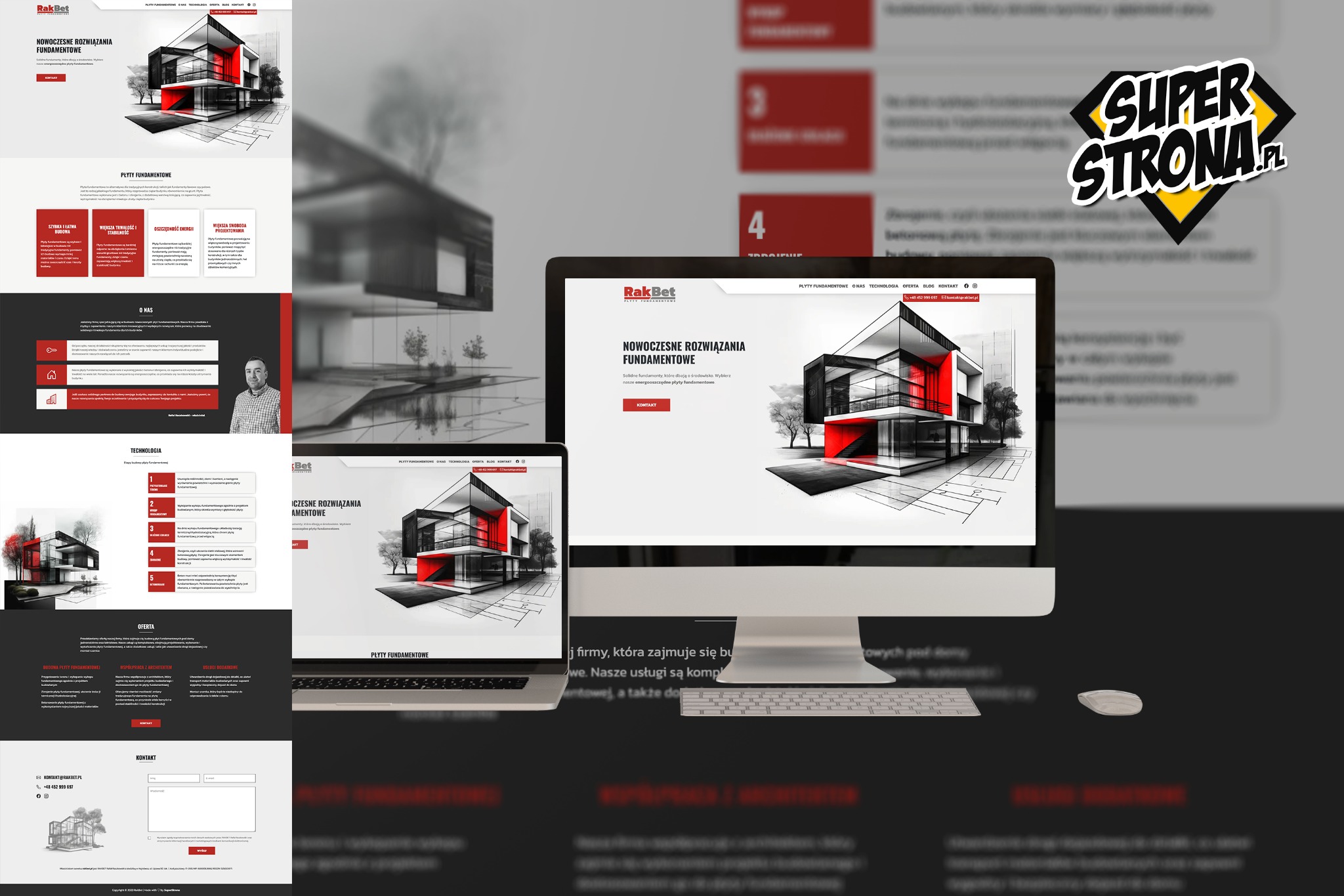 Wyświetlacz komputera stacjonarnego i laptop prezentujące stronę internetową Rakbet z wizualizacją nowoczesnego domu z czerwonymi elementami, na biurku widoczna klawiatura i myszka.