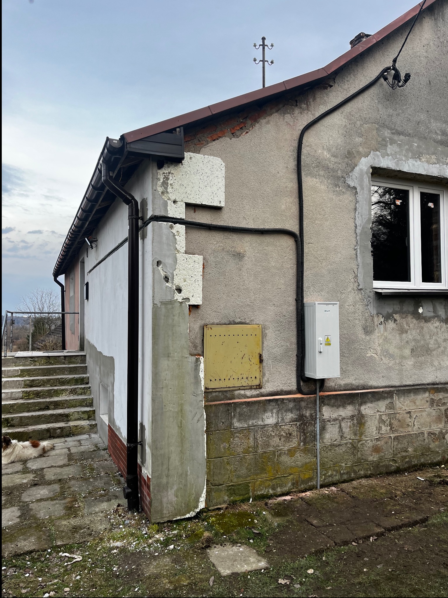 Szara elewacja budynku z widoczną, nową skrzynką elektryczną z symbolem ostrzegawczym, rurami osłonowymi i fragmentami ocieplenia; w tle schody i leżący pies.