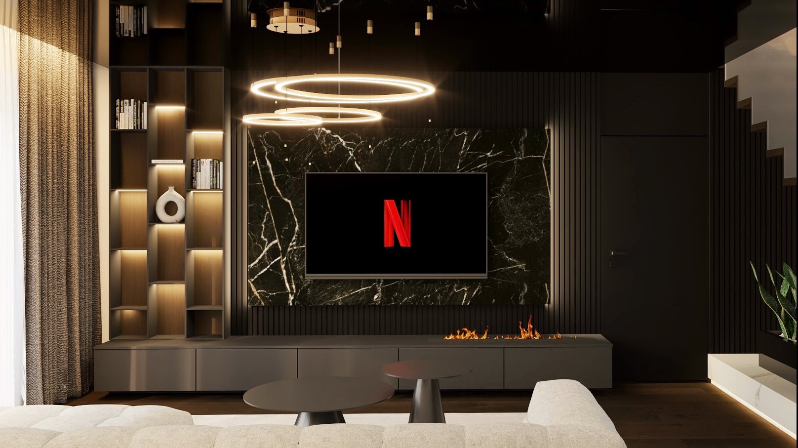 Elegancki salon w ciemnej tonacji z podświetlaną półką na książki, marmurową ścianą za telewizorem z płomieniami kominka na dole i nowoczesnym oświetleniem sufitowym.