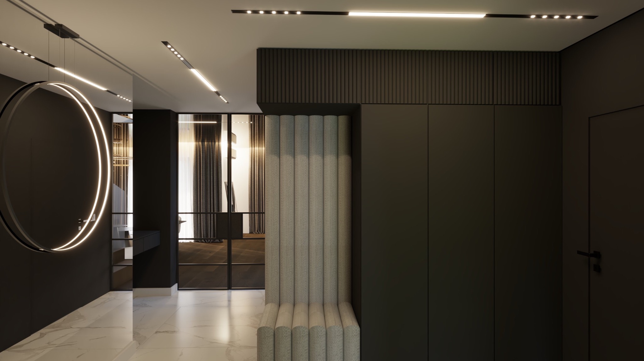Nowoczesny przedpokój w ciemnej tonacji z okrągłym lustrem z podświetleniem LED, marmurową podłogą i tapicerowaną ławką przy zabudowanej szafie.