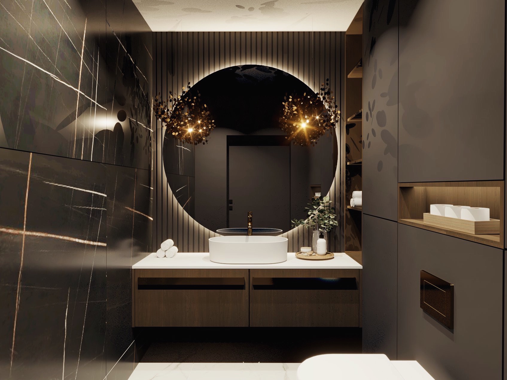 Elegancka łazienka w ciemnych barwach z okrągłym lustrem podświetlonym LED, umywalką nablatową i dekoracyjnymi lampami w kształcie rozgwieżdżonego nieba.