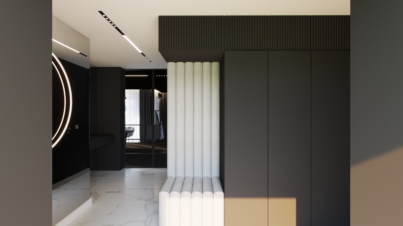 Nowoczesny przedpokój w ciemnej tonacji z marmurową posadzką, okrągłym lustrem z podświetleniem LED oraz tapicerowaną ścianą z siedziskiem.