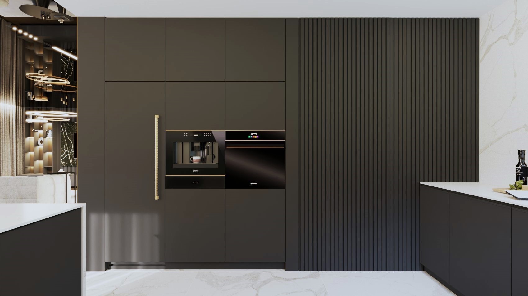 Elegancka kuchnia w odcieniach szarości z zabudową meblową, wbudowanym ekspresem do kawy i piekarnikiem marki Smeg, oraz dekoracyjną ścianą z pionowych paneli. Biała marmurowa podłoga i blat dodają...