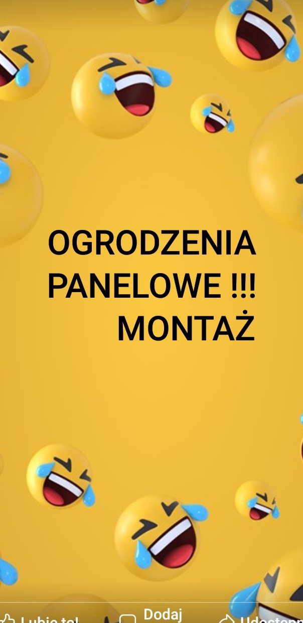 Grafika z żółtym tłem, emotikonami śmiechu i napisem 'Ogrodzenia panelowe!!! Montaż'.
