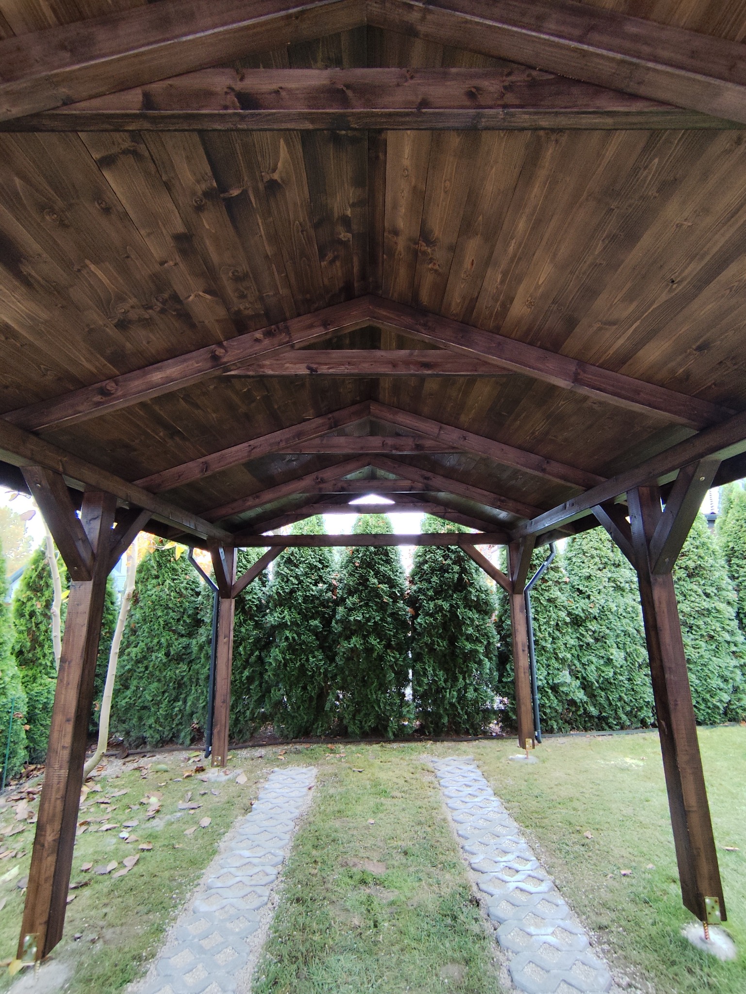 Ciemnobrązowa, drewniana konstrukcja zadaszenia, widok od dołu, z zielonymi tujami w tle i ścieżką z ażurowych płyt. Ujęcie z perspektywy żabiej.