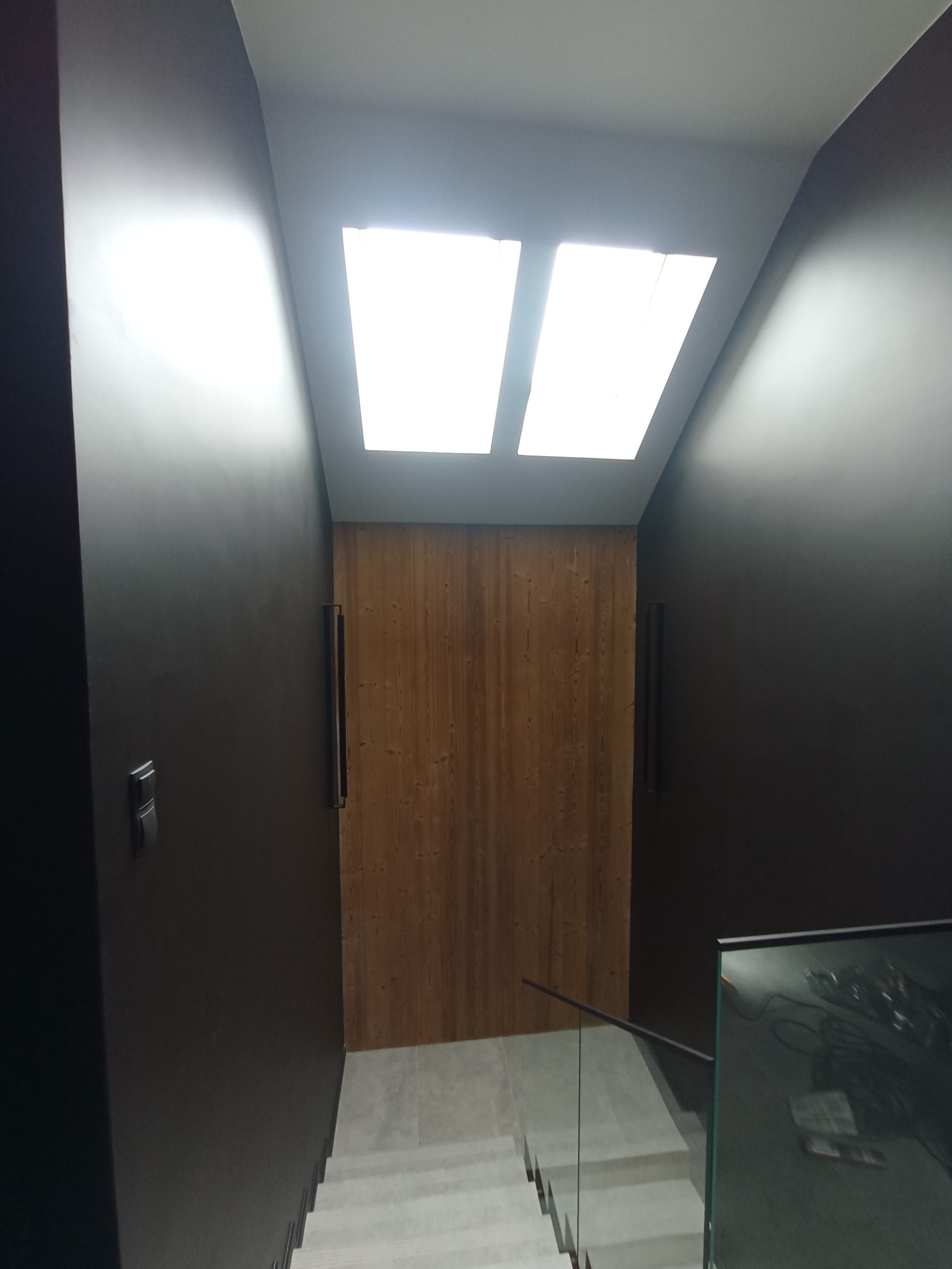 Nowoczesne schody z szarymi stopniami, szklaną balustradą i ciemnymi ścianami, oświetlone dwoma świetlikami w suficie.