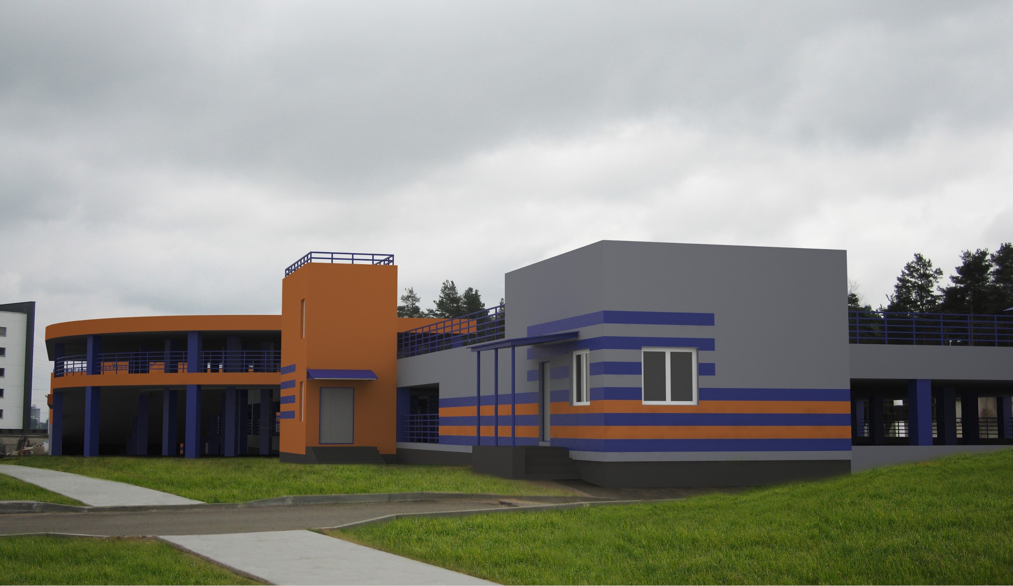Wizualizacja budynku usługowego z elementami konstrukcji stalowej, pomalowanego na pomarańczowo i szaro z niebieskimi akcentami, otoczonego zielonym trawnikiem i chodnikiem.
