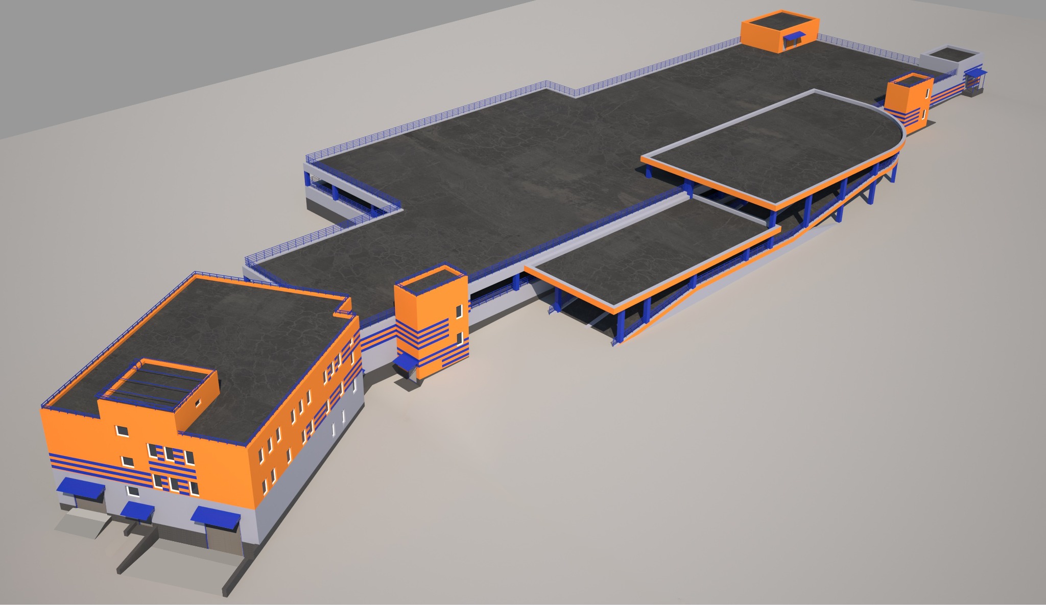 Wizualizacja 3D wielopoziomowego parkingu z pomarańczowo-niebieskimi akcentami, widok z góry, prezentująca konstrukcję hali z rampami i elementami konstrukcji stalowej.