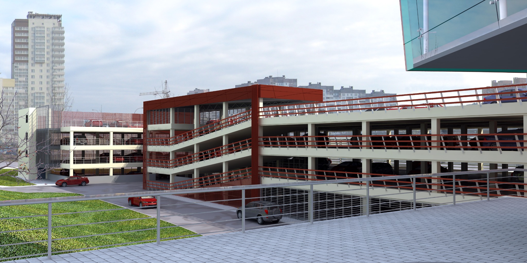 Wizualizacja projektu wielopoziomowego parkingu z rampami w kolorach bieli i czerwieni, samochody zaparkowane na różnych poziomach, w tle bloki mieszkalne i żuraw budowlany.