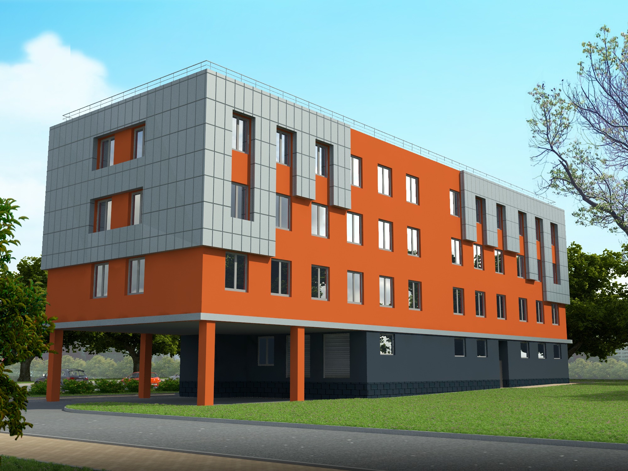 Wizualizacja 3D budynku usługowego z pomarańczową elewacją i szarymi panelami, podparta na filarach, otoczona zielenią i ulicą.