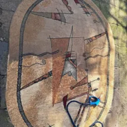 Owalny dywan z abstrakcyjnym wzorem w odcieniach beżu i brązu, leżący na kamiennej nawierzchni, z widoczną końcówką węża do prania z niebieskim uchwytem.